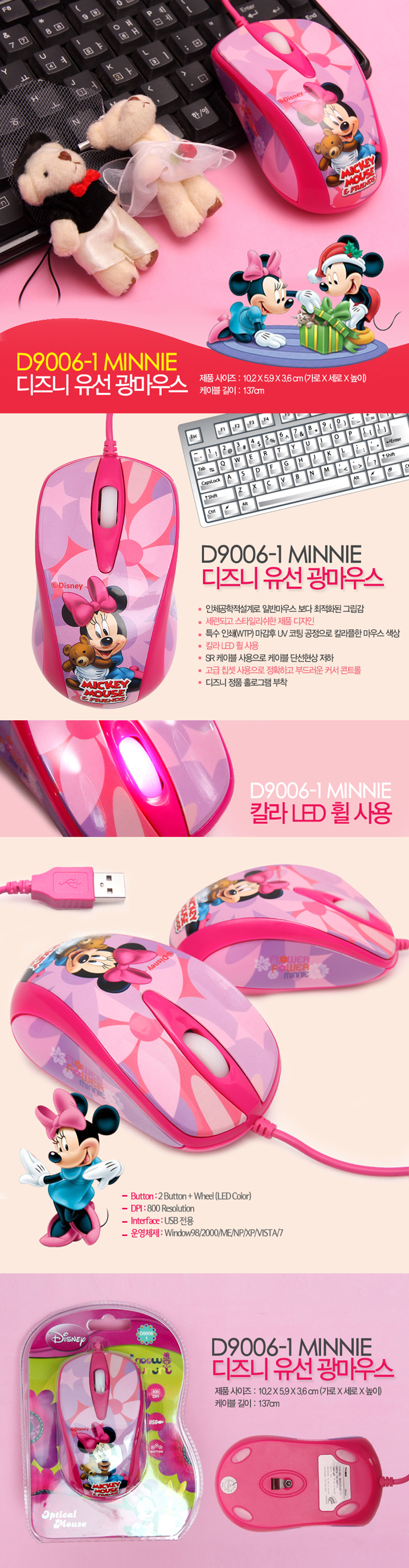 TKDS D9006-1 Walt Disney /Minnie Mouse/Cord Optical Mouse Character/USB Exclusive
